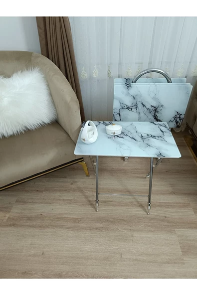 Çanta Zigon Sehpa, 4'lü Sehpa, Servis Sehpası, Camlı Sehpa, Krom Sehpa, Katlanır Sehpa - Resim 5