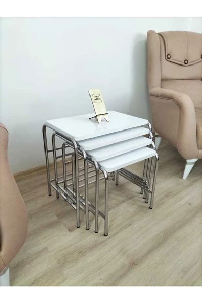 Buket Sehpa, 4'lü Zigon Sehpa, Servis Sehpası, İç İçe Geçen Sehpa, Dörtlü Sehpa, Metal Sehpa,  Ahşap - 6
