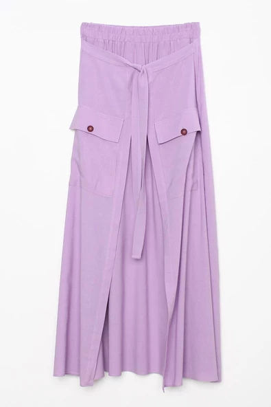 Lila-Beli Lastikli Bağlama Detaylı Pamuklu Etek - Resim 8