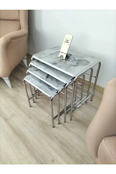 Buket Sehpa, 4'lü Zigon Sehpa, Servis Sehpası, İç İçe Geçen Sehpa, Dörtlü Sehpa, Metal Sehpa,  Ahşap - Resim 5