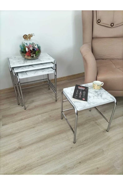 Buket Sehpa, 4'lü Zigon Sehpa, Servis Sehpası, İç İçe Geçen Sehpa, Dörtlü Sehpa, Metal Sehpa,  Ahşap - Resim 2