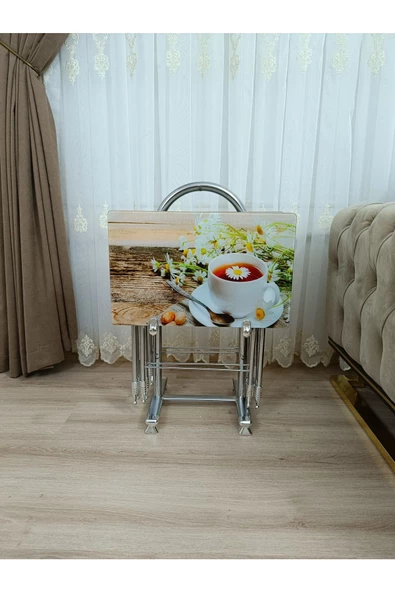 Çanta Zigon Sehpa, 4'lü Sehpa, Servis Sehpası, Camlı Sehpa, Krom Sehpa, Katlanır Sehpa - Resim 2