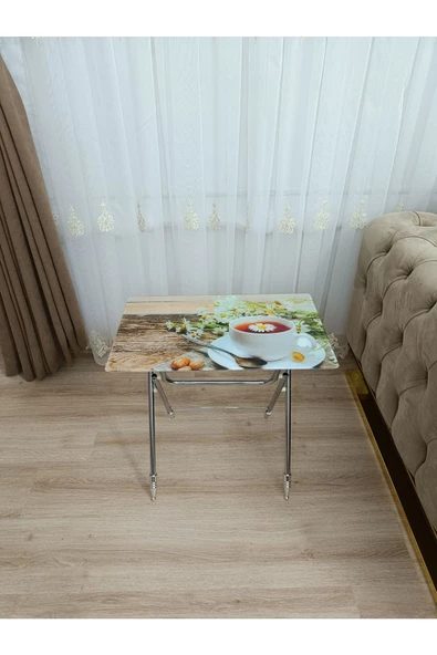 Çanta Zigon Sehpa, 4'lü Sehpa, Servis Sehpası, Camlı Sehpa, Krom Sehpa, Katlanır Sehpa - Resim 3