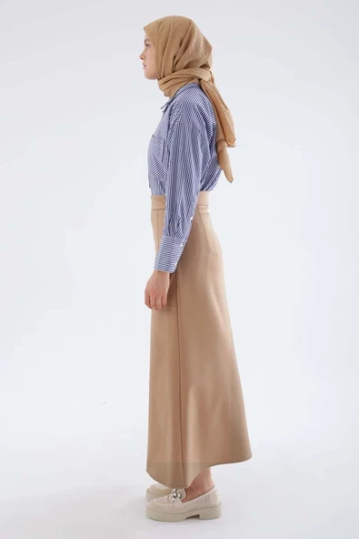 Camel-Pensli Yandan Fermuarlı Yarım Çan Etek - Resim 3