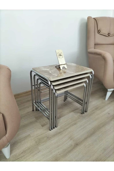 Buket Sehpa, 4'lü Zigon Sehpa, Servis Sehpası, İç İçe Geçen Sehpa, Dörtlü Sehpa, Metal Sehpa,  Ahşap - Resim 7