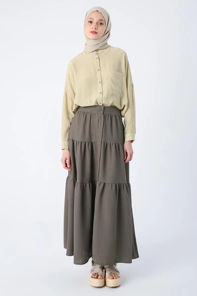 Asker Haki-Düğmeli Beli Lastikli Fırfırlı Likralı Bürümcük Etek - Resim 2