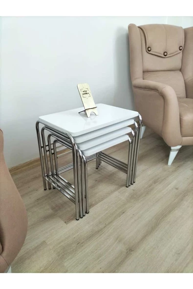 Buket Sehpa, 4'lü Zigon Sehpa, Servis Sehpası, İç İçe Geçen Sehpa, Dörtlü Sehpa, Metal Sehpa,  Ahşap - 7