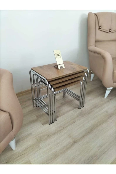 Buket Sehpa, 4'lü Zigon Sehpa, Servis Sehpası, İç İçe Geçen Sehpa, Dörtlü Sehpa, Metal Sehpa,  Ahşap - Resim 7