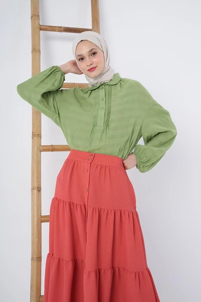 Fuşya-Düğmeli Beli Lastikli Fırfırlı Bürümcük Etek - 5