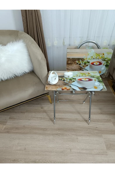 Çanta Zigon Sehpa, 4'lü Sehpa, Servis Sehpası, Camlı Sehpa, Krom Sehpa, Katlanır Sehpa - Resim 5