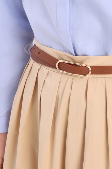 Bej-Beli Pileli Kloş Etek - Resim 5