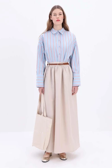 Bej-Keten Kloş Etek - Resim 3