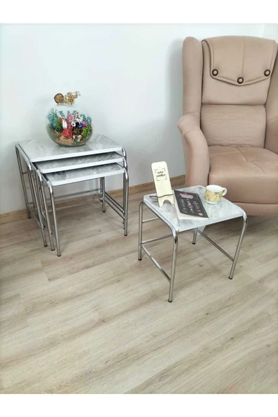 Buket Sehpa, 4'lü Zigon Sehpa, Servis Sehpası, İç İçe Geçen Sehpa, Dörtlü Sehpa, Metal Sehpa,  Ahşap - Resim 2