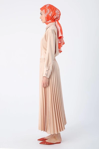 Taş-Beli Lastikli Piliseli Rahat Kalıp Saten Etek - Resim 3