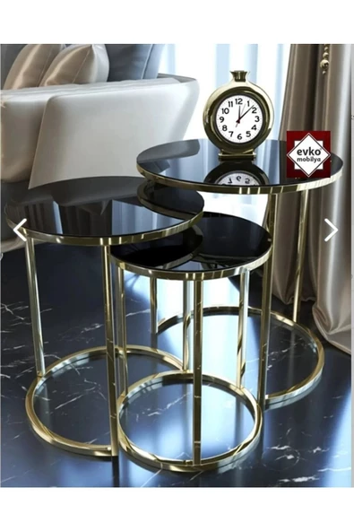 3'lü Zigon Sehpa Gold Kırılmaz Temperli Camlı, Servis Sehpası, Salon Sehpası - 2