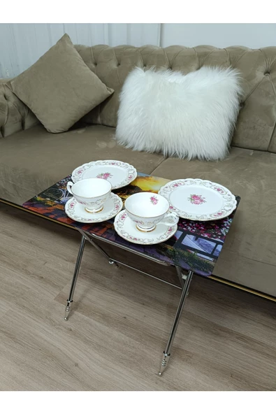 Çanta Zigon Sehpa, 4'lü Sehpa, Servis Sehpası, Camlı Sehpa, Krom Sehpa, Katlanır Sehpa - Resim 4