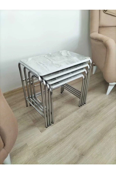 Buket Sehpa, 4'lü Zigon Sehpa, Servis Sehpası, İç İçe Geçen Sehpa, Dörtlü Sehpa, Metal Sehpa,  Ahşap - Resim 7