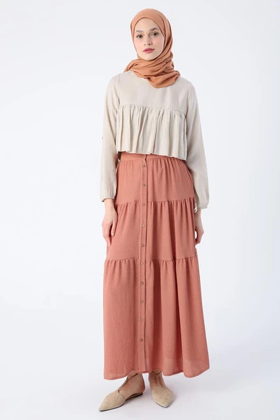 Somon-Düğmeli Beli Lastikli Fırfırlı Bürümcük Etek - Resim 2