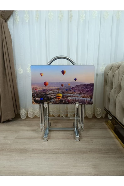 Çanta Zigon Sehpa, 4'lü Sehpa, Servis Sehpası, Camlı Sehpa, Krom Sehpa, Katlanır Sehpa - Resim 2