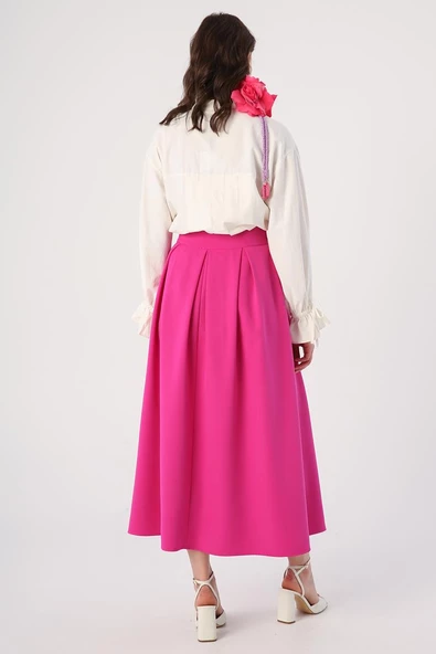 Fuşya-Rahat Kalıp Pileli Fermuarlı Etek - Resim 4