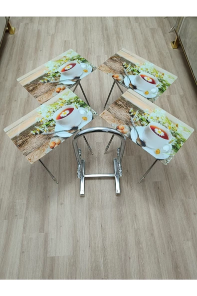 Çanta Zigon Sehpa, 4'lü Sehpa, Servis Sehpası, Camlı Sehpa, Krom Sehpa, Katlanır Sehpa - Resim 6