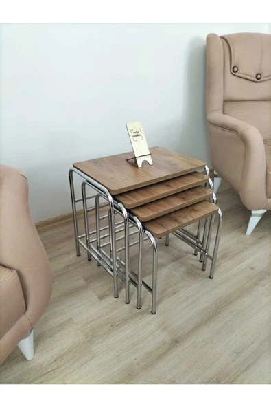 Buket Sehpa, 4'lü Zigon Sehpa, Servis Sehpası, İç İçe Geçen Sehpa, Dörtlü Sehpa, Metal Sehpa,  Ahşap - Resim 6