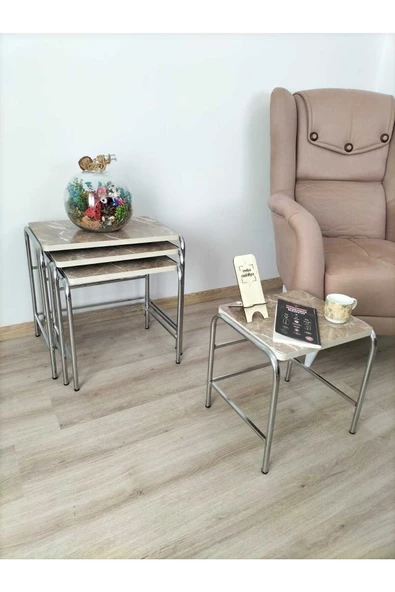 Buket Sehpa, 4'lü Zigon Sehpa, Servis Sehpası, İç İçe Geçen Sehpa, Dörtlü Sehpa, Metal Sehpa,  Ahşap - Resim 2