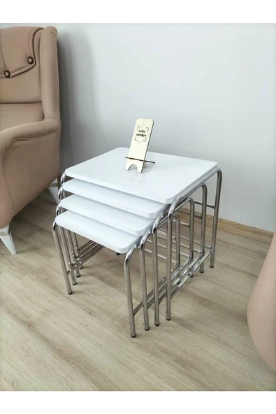 Buket Sehpa, 4'lü Zigon Sehpa, Servis Sehpası, İç İçe Geçen Sehpa, Dörtlü Sehpa, Metal Sehpa,  Ahşap - 5