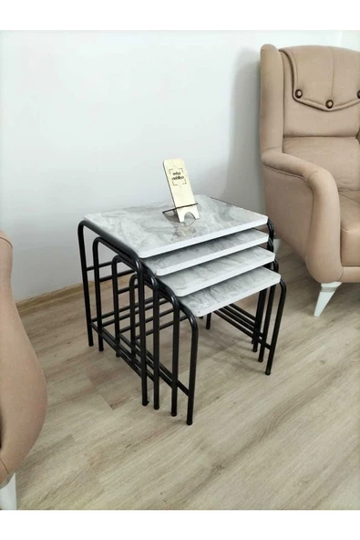 Buket Sehpa, 4'lü Zigon Sehpa, Servis Sehpası, İç İçe Geçen Sehpa, Dörtlü Sehpa, Metal Sehpa, Akşap - Resim 6