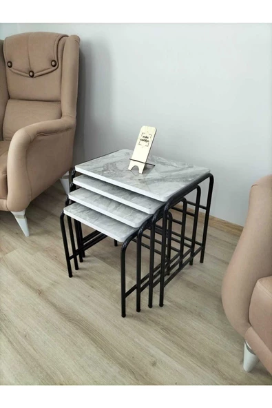 Buket Sehpa, 4'lü Zigon Sehpa, Servis Sehpası, İç İçe Geçen Sehpa, Dörtlü Sehpa, Metal Sehpa, Akşap - Resim 5