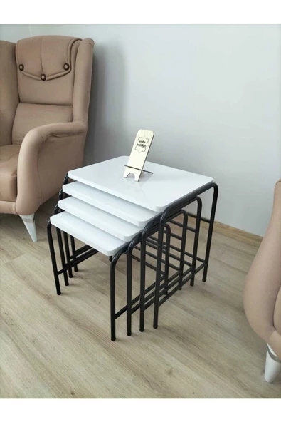 Buket Sehpa, 4'lü Zigon Sehpa, Servis Sehpası, İç İçe Geçen Sehpa, Dörtlü Sehpa, Metal Sehpa, Akşap - 5