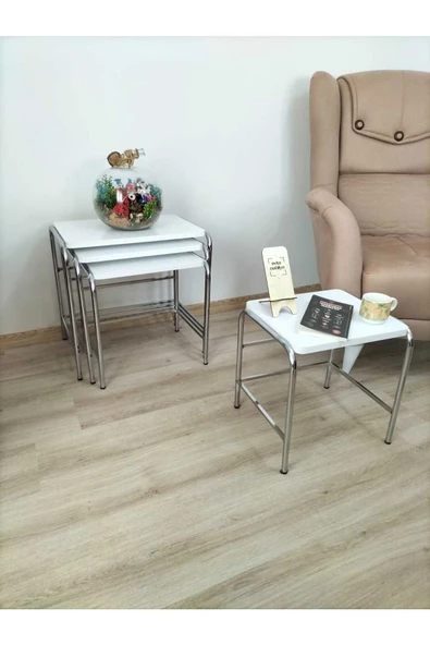 Buket Sehpa, 4'lü Zigon Sehpa, Servis Sehpası, İç İçe Geçen Sehpa, Dörtlü Sehpa, Metal Sehpa,  Ahşap - 2