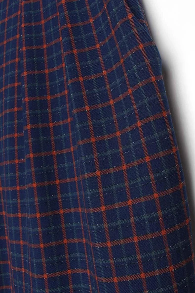 Lacivert-Turuncu-Pileli Ekose Desenli Likralı Palazzo Pantolon - Resim 7