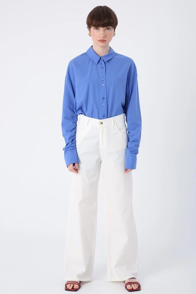 Kırık Beyaz-Pamuklu Bol Paça Cepli Likralı Pantolon - Resim 2