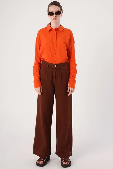 Kahve-%100 Pamuk Pileli Bol Paça Cepli Pantolon - Resim 2