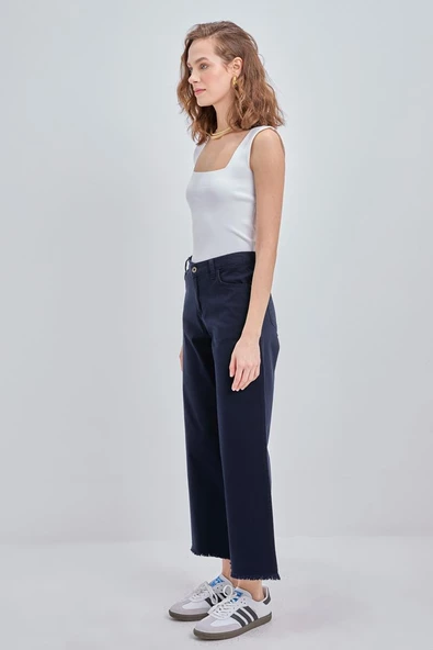 Lacivert-Pamuklu Paçası Püsküllü Pantolon - Resim 3