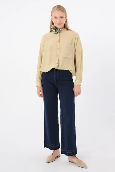 Koyu Mavi-Pamuklu Wide Leg Denim Pantolon - Resim 2