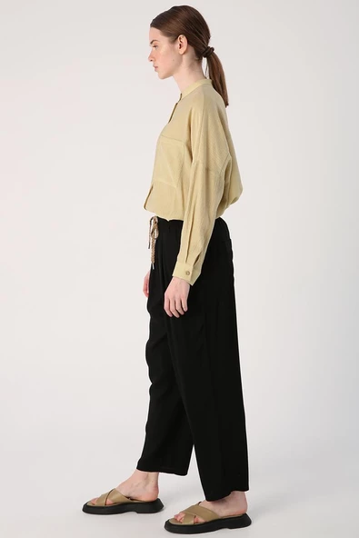 Siyah-Beli Lastikli Geniş Paça Pantolon - 3