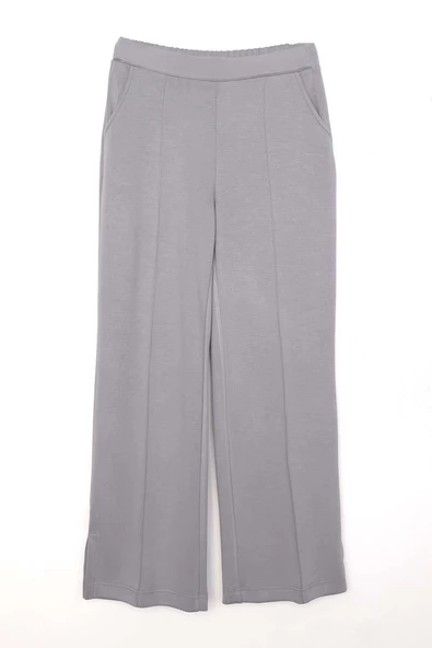 Gri-Nervürlü Bol Paça Örme Pantolon - Resim 6