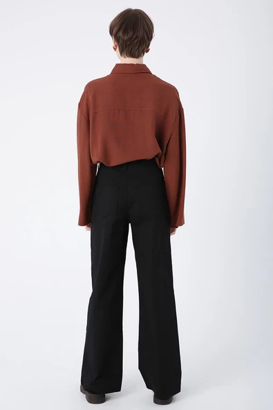 Siyah-Pamuklu Bol Paça Cepli Likralı Pantolon - Resim 4