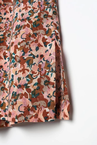 Somon-Kiremit-Baskılı Paçası Yırtmaçlı Beli Lastikli Wide Leg Viskon Keten Pantolon - Resim 6