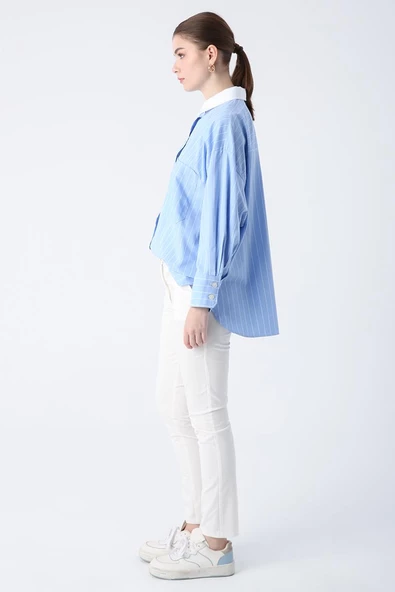 Kırık Beyaz-Pamuklu Ütü İzli Cepli Likralı Dar Paça Pantolon - Resim 3