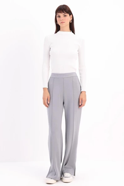 Gri-Nervürlü Bol Paça Örme Pantolon - Resim 2