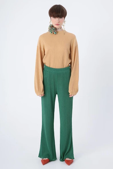 Yeşil-Piliseli Bol Paça Beli Lastikli Pantolon - Resim 2