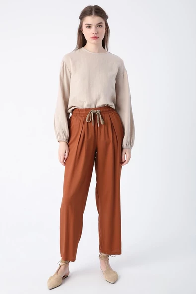 Açık Kahve-Beli Lastikli Geniş Paça Pantolon - 2