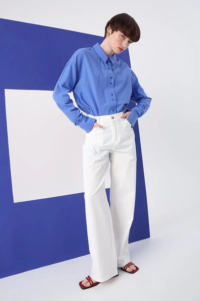 Kırık Beyaz-Pamuklu Bol Paça Cepli Likralı Pantolon ürün görseli 1