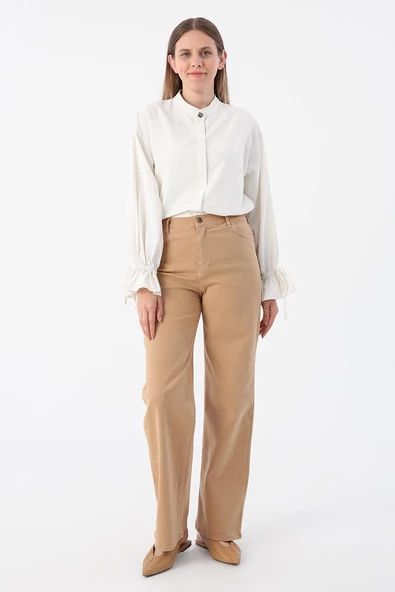 Sütlü Kahve-Pamuklu Wide Leg Likralı Pantolon - Resim 2