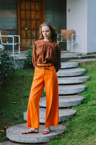 Turuncu-%100 Pamuk Yüksek Bel Bol Paça Pantolon ürün görseli 1