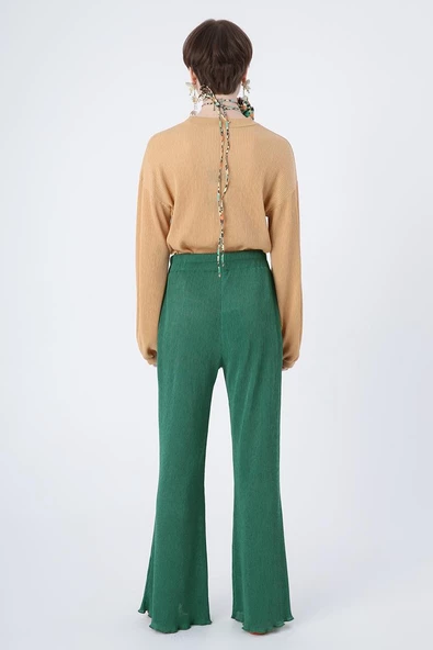 Yeşil-Piliseli Bol Paça Beli Lastikli Pantolon - Resim 4