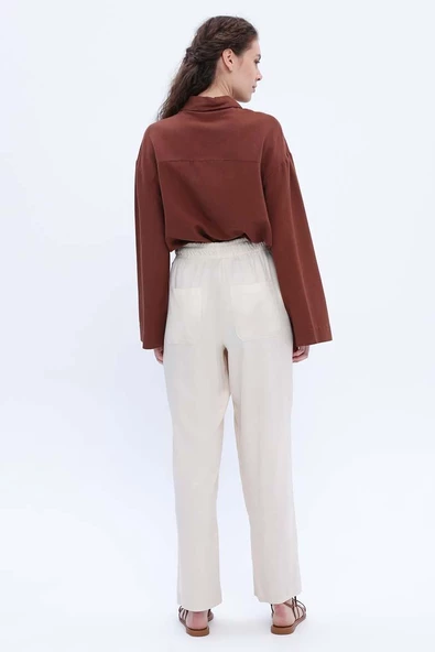 Ekru-Beli Lastikli Geniş Paça Pantolon - Resim 4